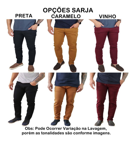 Kit 3 Calças Jeans Sarja Masculina Skinny C/ Lycra Coloridas
