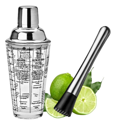 Kit Caipirinha Coqueteleira Inox Vidro Socador Dosador Drink