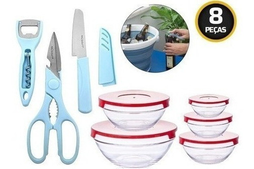 Kit Conjunto Culinária Com Tesoura E Potes 8 Peças