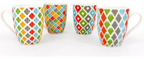 Set X 4 Taza Ceramica Rombos Multicolores Mug 360 Ml Oferta