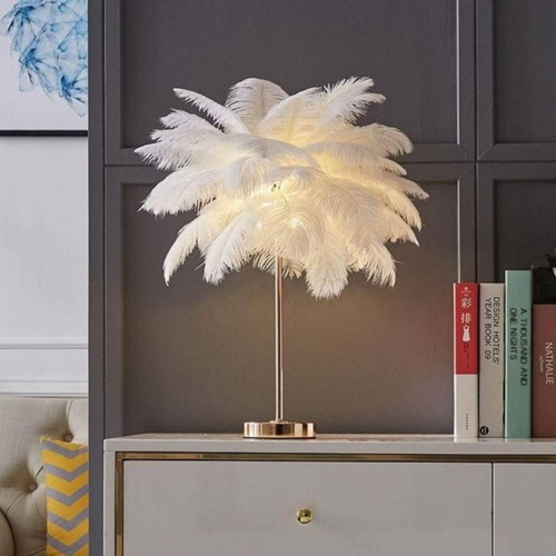 Lámpara De Mesa Led Luz Noche Plumas Decorativa Dormitorio