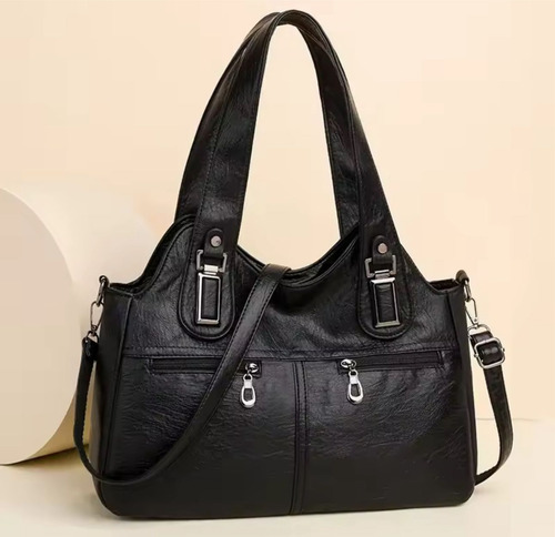 Cartera Bolso De Mujer Grande Estilo Básico De Eco Cuero Negro Liso Cromado Negro