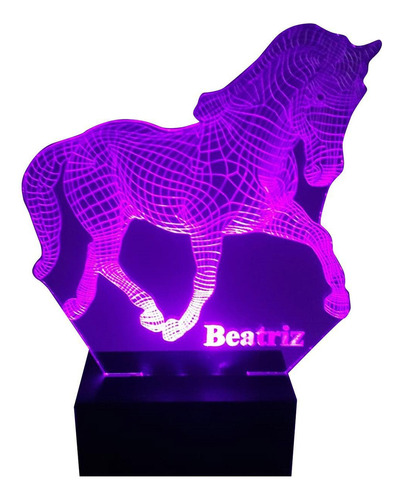 Luminária Abajur Led roxo Cavalo 3D Personalizada Com Seu Nome