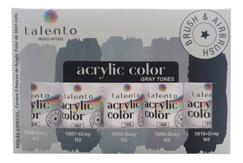 Kit C/ 5 Tintas Acrylic Color Talento Modelismo 30ml Cinzas