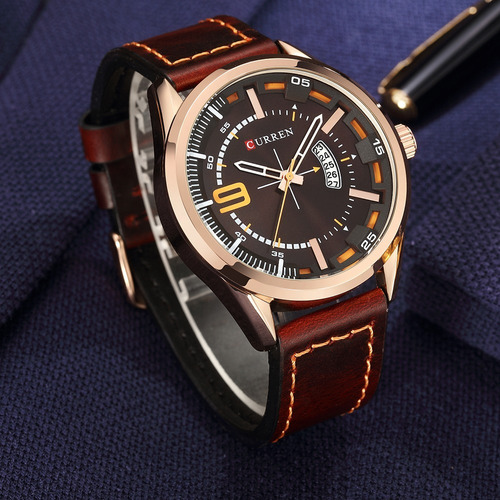 Relógio Masculino Curren Luxo Dourado Pulseira Couro Marrom