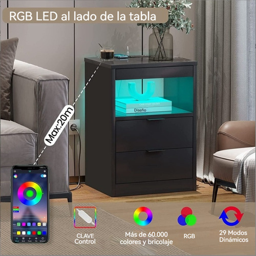 Mesa Buro De Noche Mesita Gris Con 2cajones Y Led 40*35*60cm Gris