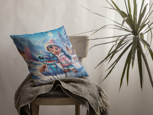 Almofada Romântica 35x35cm Lilo & Stitch Na Neve + Caneca