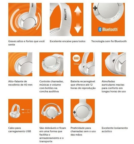 Fone De Ouvido Sem Fio Philips Bass+ Haste Dobrável Branco