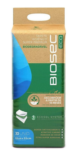 Tapete Higiênico Biodegrável Biosec Eco 60x55cm 30 Unidades