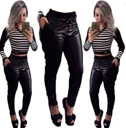 Conjunto Cropped E Calça Legging  Em Cirre Listrado Cj12