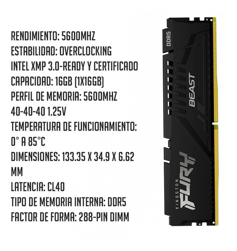 Memoria Ram Ddr5 Gaming Kingston Fury Beast 5600mhz 16 Gb