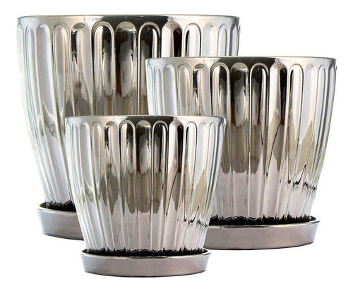 Jogo 3 Vasos Cachepot Cerâmica Prata Metalizado Euxenita