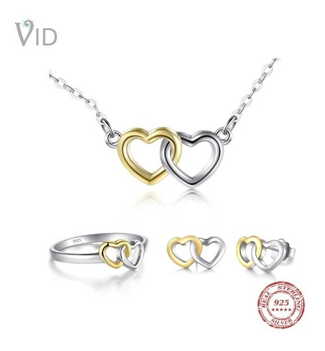 Set Cadena Zarcillos Anillo Doble Corazón Plata Caja Oferta