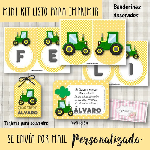 Kit Imprimible Básico Cumple Tractores Mod.15 Tractor Verde