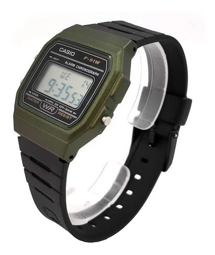 Imagen 3 de 3 de Reloj pulsera Casio Collection F-91 de cuerpo color verde, digital, fondo gris, con correa de resina color negro, dial negro, minutero/segundero negro, bisel color verde y hebilla simple