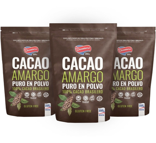 Cacao Amargo Puro En Polvo Dicomere Chocolate Vegano 200g X3