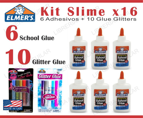 Kit Slime 16 Art Elmers 6 Blanca O Clear + 10 Glue Glitter