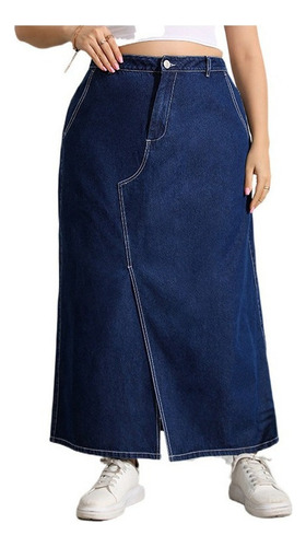 Falda Larga De Mezclilla Cosida En Azul Falda De Mujer D [u]
