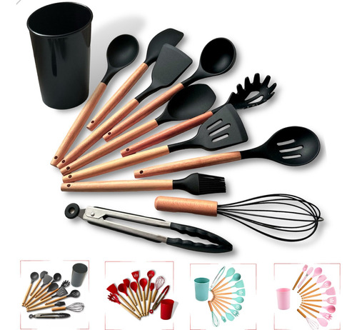 Kit C/12 Utensílios De Cozinha Silicone Cabo Madeira