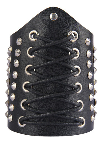 Brazalete Ancho Con Remaches De Cuero Punk Para Hombre, 2 Pi