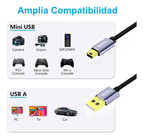 Cable Usb 2.0 A Mini Usb V3 5 Pins 480mbps Nylon Netcom 1.8m