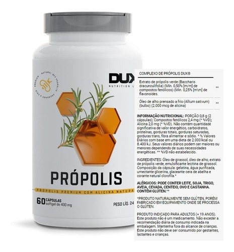 Própolis Dux - Pote 60 Cápsulas Sabor Sem Sabor