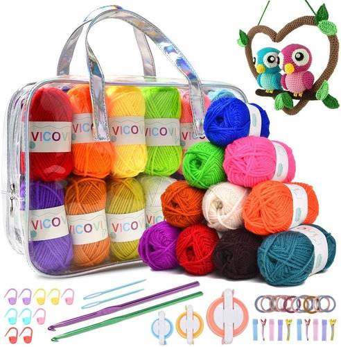 Kit Crochet Bordado 24 Madejas Hilo Acrílico Ganchos
