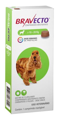 Pastilla Bravecto. Antiparasitario para Tratamiento de infestaciones por Garrapatas, Pulgas y Ácaros. Comprimido Masticable Bravecto 500mg para perros de 10kg a 20kg