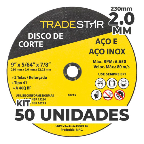 Kit Com 50 Disco De Corte Metal 9 230x2,0 Mm Furo 22/23 Mm