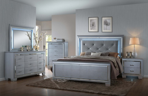 Imagen 4 de 7 de Recamara King Lillian Cama Capitoneada Gris Con Luz