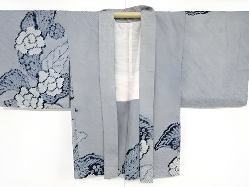 Kimono - Haori Shibori Azul Floral Importado De Japón
