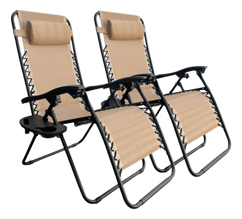 2 Sillas Camastro Gravedad Plegables Reclinable Jardín Playa Color Beige