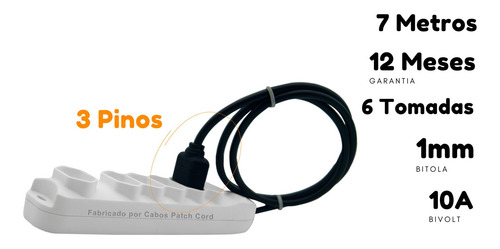 Imagem 4 de 6 de Extensão Elétrica Bivolt Profissional 7 Metros 6 Tomadas