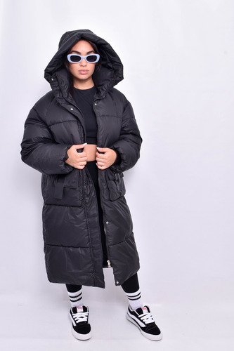 Campera Mujer Oversize Negra Capucha Larga Moda