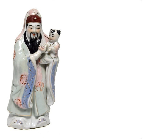 Escultura Chinesa Em Porcelana Senhor Com Bebe 