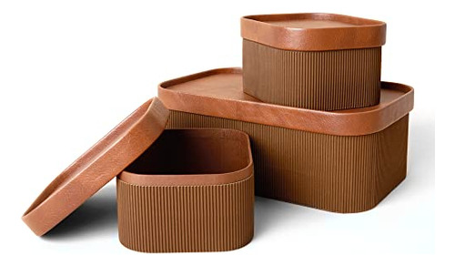 Fluted Cardboard Storage Baskets With Leather-like Lids..