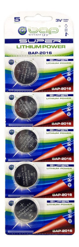 Cartela Com 5 Bateria Botão Bap Energy Super Alcalina Cr2016