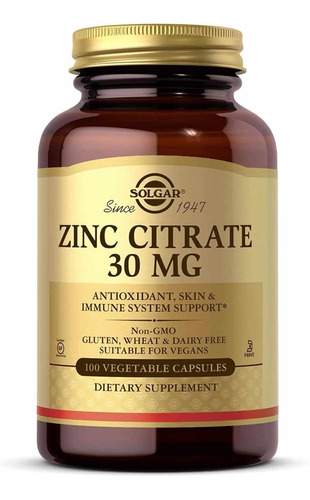 Citrato De Zinc 30mg 100 Capsulas Vegetales Solgar Sabor Neutro