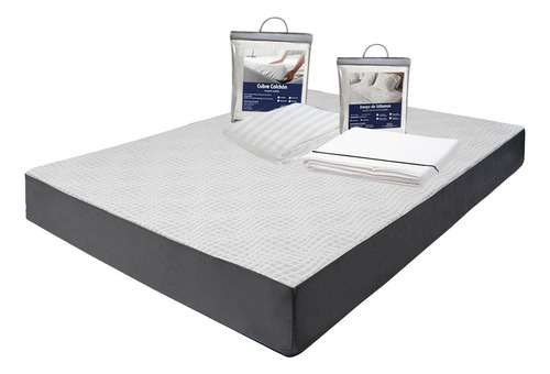 Colchón Matrimonial En Caja 20cm + Sábanas + Protector Blanco Con Gris
