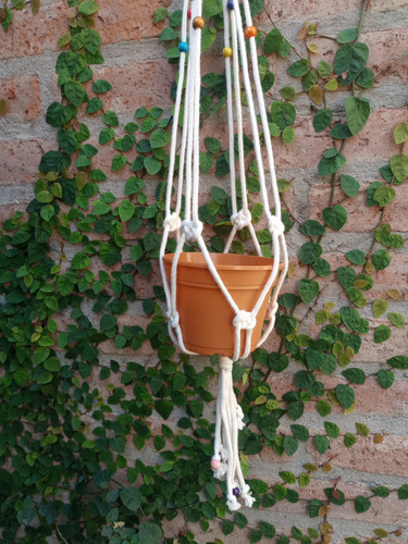 Porta Maceta Colgante Macramé Blanco Liso Cuentas