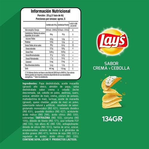 Imagen 2 de 2 de Papas Fritas Lays Stax Sabor Crema Y Cebolla 134 Grs