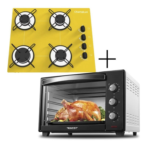 Fogão Cooktop 4 Bocas Amarelo + Forno De Eletrico 48 Litros 220V