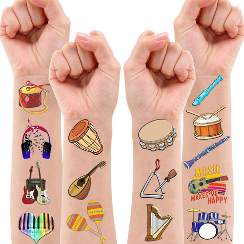 100 Piezas De Tatuajes Temporales De Instrumentos Musicales Color Nombre Del Diseño