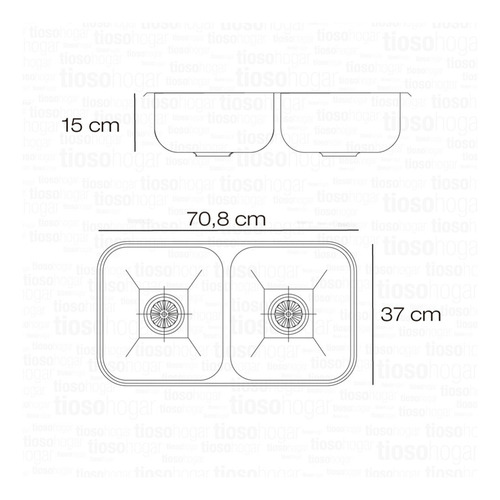 Imagen 3 de 10 de Pileta Cocina Doble Bacha Johnson Cc37 De 70x37 Acero Inoxidable 430 Diseño Acabado Pulido Standard Sopapa Americana