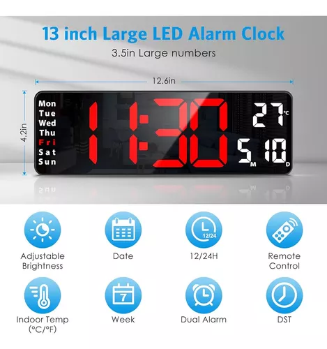 Reloj de pared digital grande de 17 pulgadas con control remoto, atenuador  de brillo automático, reloj de pared digital con pantalla grande con