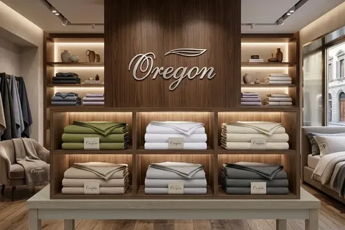 Estantería con blanquería en el showroom de Oregon