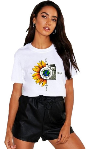 Polera Dama Estampada 100%algodon Diseño Camara Girasol