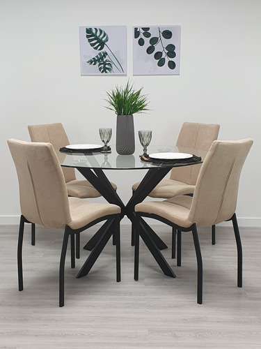 Juego Comedor Vidrio Mesa Redonda Negro + 4 Sillas Beige Beige Liso