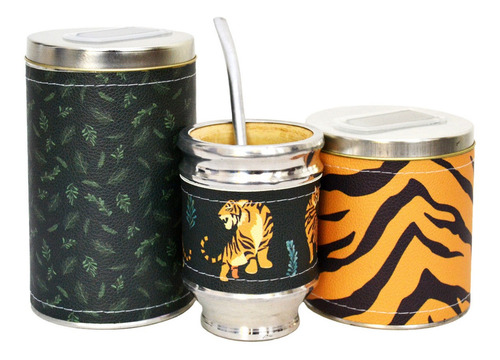 Imagen 2 de 8 de Equipo De Mate Madera Con Mochila Matera Tigres Verde Selva