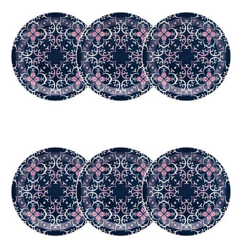 Conj Pratos Para Sobremesa Decorado Azul Cozinha 06 Pçs Geométrico